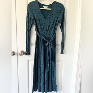 Boden Ferne Jersey Long Sleeve Tie Midi Dress Teal with Black Polka Dots Size 2